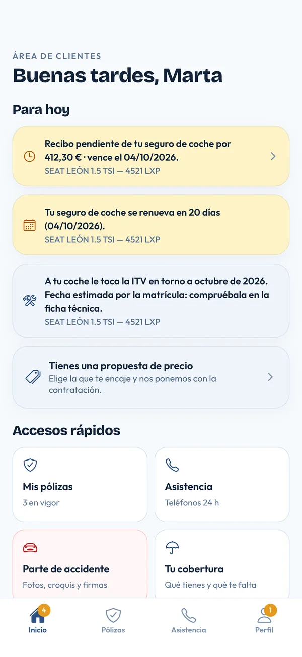 Inicio de la app: avisos, propuesta de precio y accesos rápidos